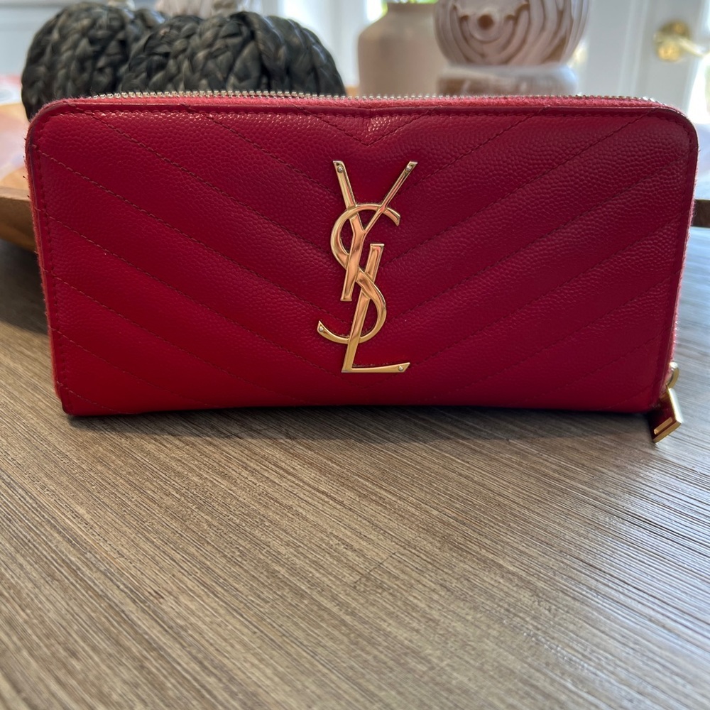 Yves Saint Laurent Red Quilted Zip Wallet with Gold YSL Logo